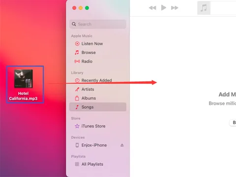 Zene húzása az iTunes Songs mappájába (2. lépés)